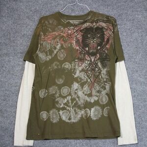 Affliction Type LS T Shirt Mens XL Green Skull Angel Grunge Goth Skater AOP